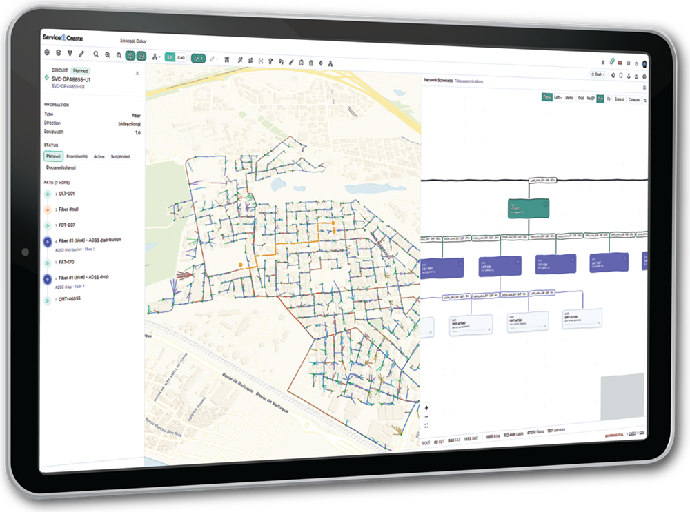 S2C Designer fibre route and network schematic shown on a tablet