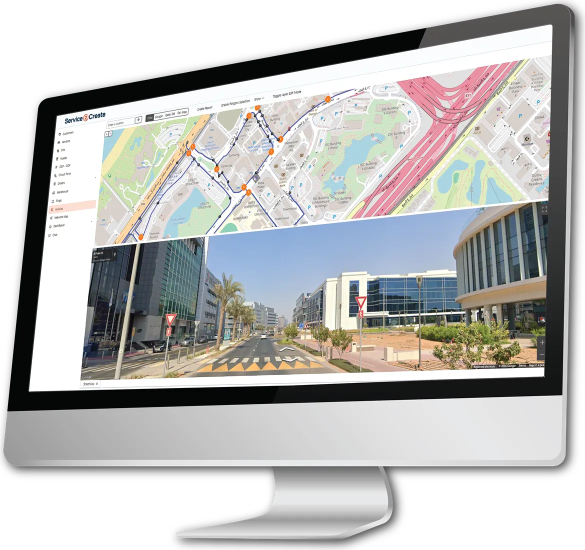 S2C Designer GIS map and street view of a planned fibre route, shown on a desktop monitor