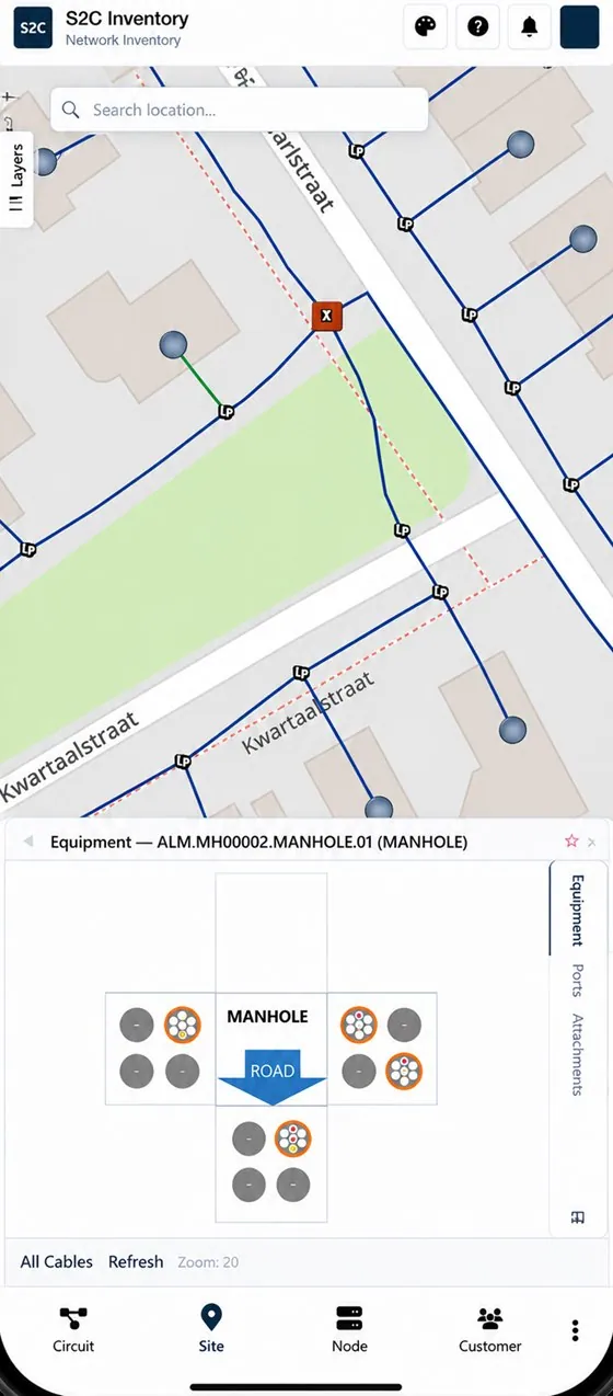 S2C mobile GIS view of an FTTH network in Almere with a manhole equipment layout