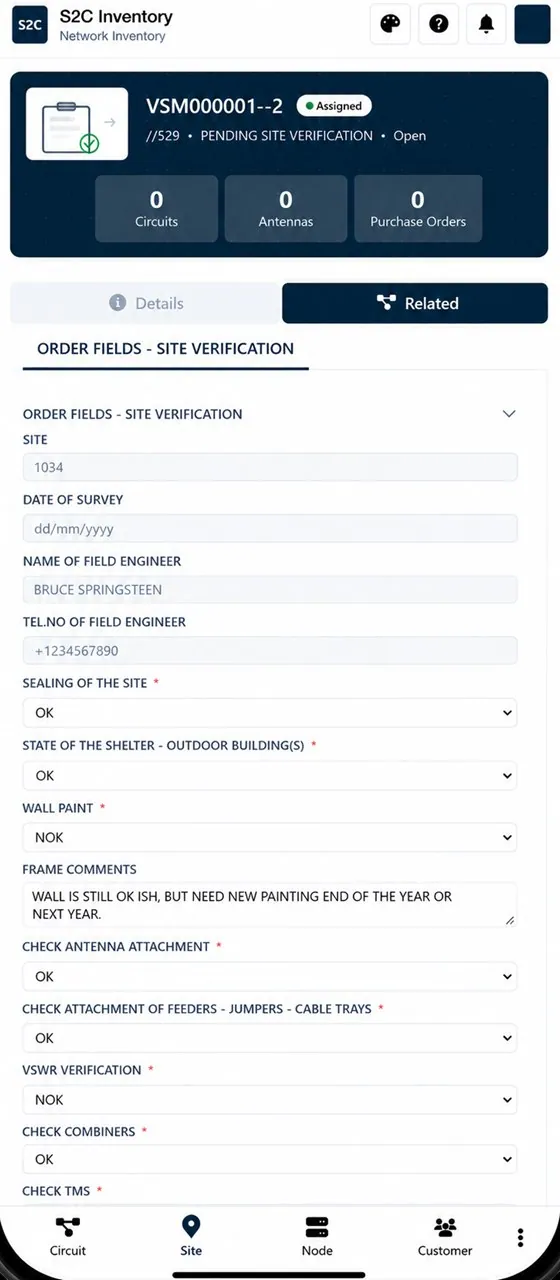 S2C mobile configured order form for a pending site verification survey